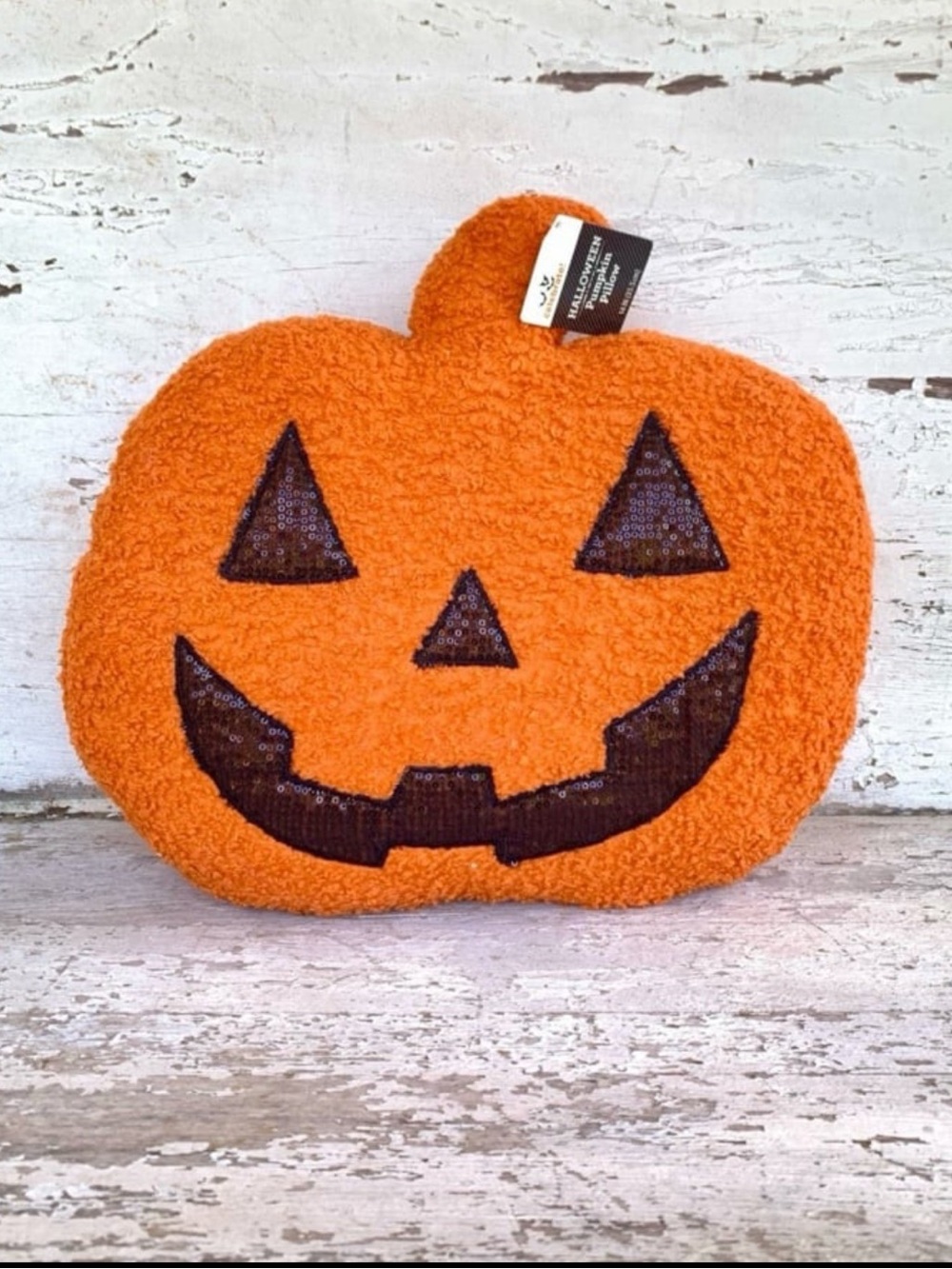 NEW Celebrate Halloween Black Sequin Sherpa Pumpkin Pillow
